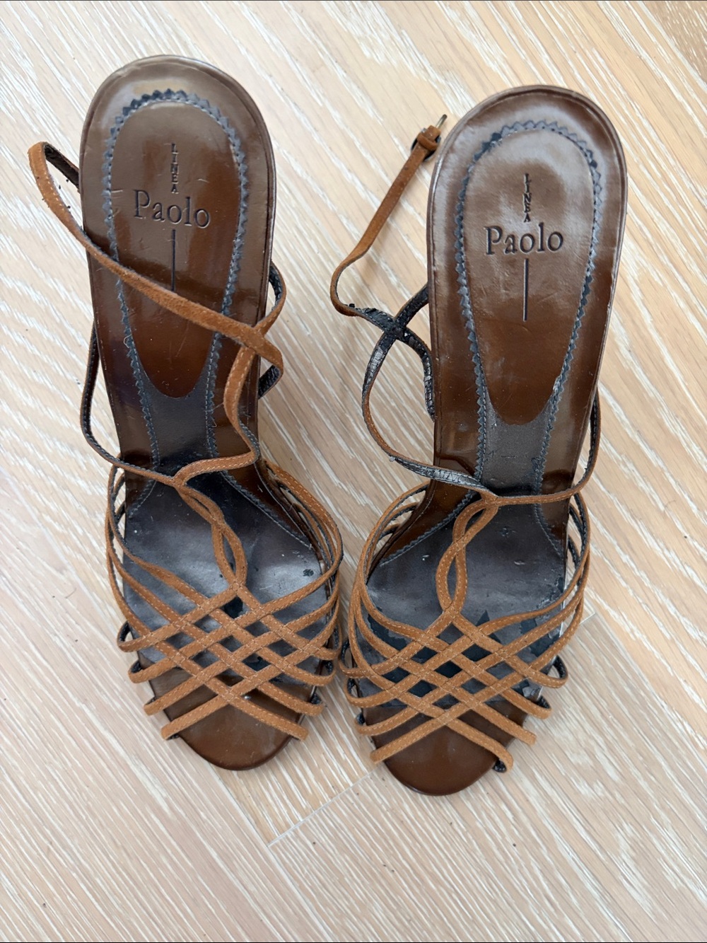 Paolo Tan Brown Strappy Woven Wedge Sandals
